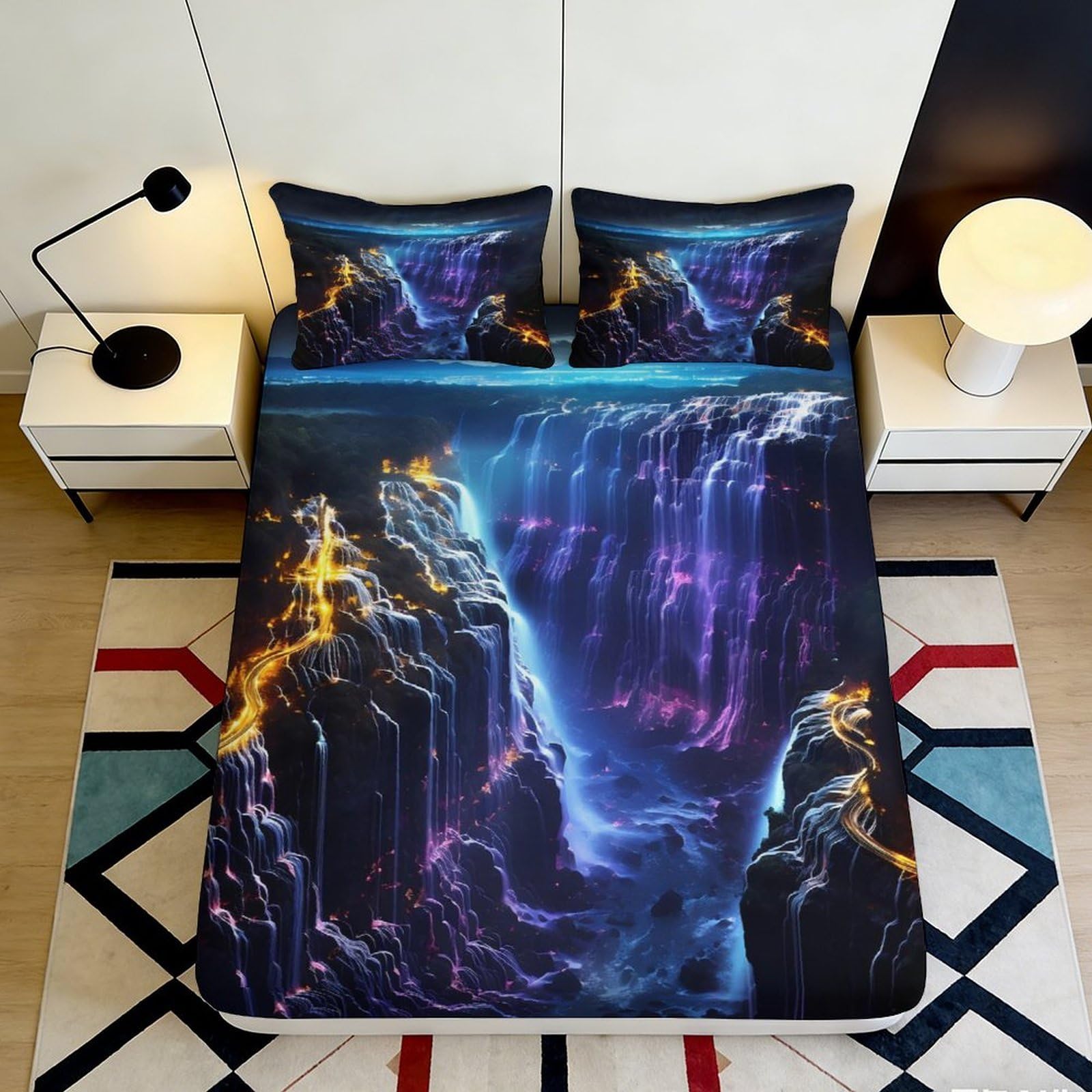 Jqzkxnhpbr Style-10 3D Printed Aurora Mountain Fitted Sheet Microfiber Soft Breathable Lightning Canyon Mattress Cover Bedroom Decor 90X200x25cm
