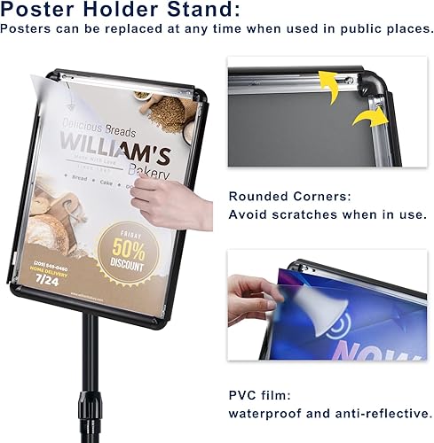 Miniatura 2 de Soporte para póster con pedestal ajustable, soporte para letrero de pie vertical y horizontal, marco abierto de aluminio con esquina de seguridad
