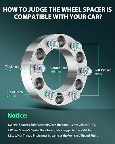 Miniatura 3 de SCITOO 4 espaciadores de rueda de 6 x 5.5 pulgadas de 2 pulgadas con pernos de 12 x 1.25 pulgadas de diámetro de 4.252 in, 6 lengüetas de 1.969 in,