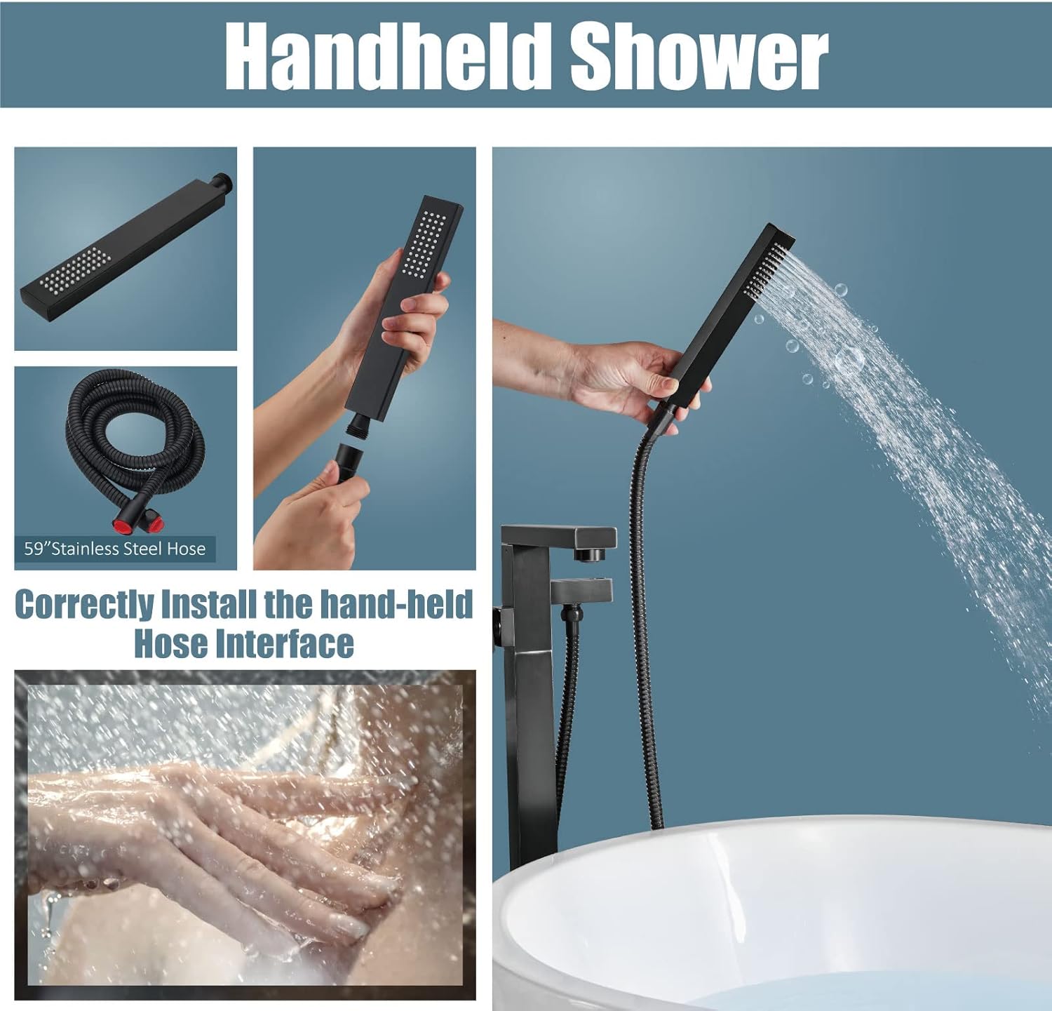 Aolemi Freestanding Bathtub Faucet Floor Mount Tub Filler Single Handle Brass Standing Bathtub Tap with Handheld Spray Swivel Right Angle Spout Matte Black