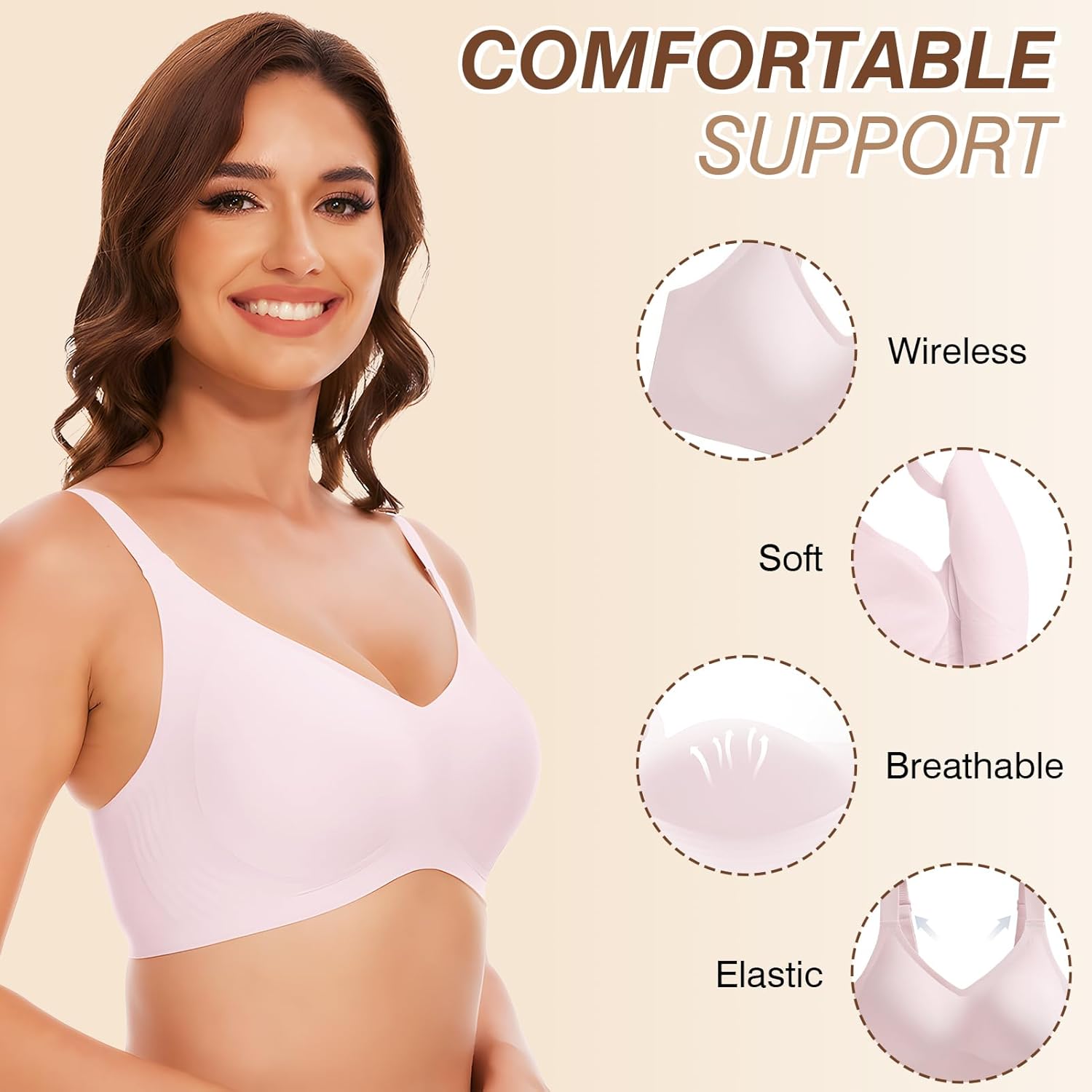 Bras for Women Wireless Push Up Seamless Wire-Free Bras Full Support T-Shirt Bra V Neck Comfortable Adjustable Bra - Image 3