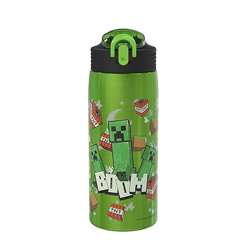 Botella de Agua Zak Designs para Minecraft para Viajar y Usar en Casa, 19 oz Aislada al Vacío de Acero Inoxidable de 18/8 con Tapa de Boquilla Bloqueable, Asa Integrada, Diseño a Prueba de Fugas (Creeper)