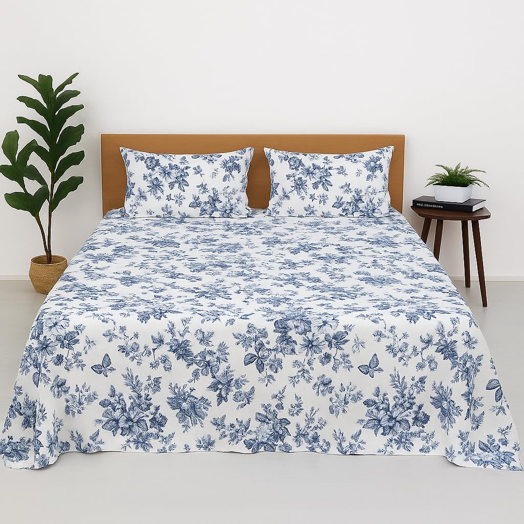 Bed Sheets - Brushed Microfiber Flat Sheet & Pillowcase Set - Breathable, Wrinkle, Fade Resistant & Cooling - King Size - 108x108 Inch - Blue Floral Bliss
