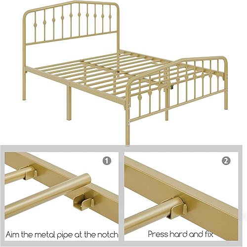 Miniatura 9 de Yaheetech Marco de cama Queen con plataforma de metal con cabecera de estilo victoriano, hierro forjado, fácil montaje, no necesita somier, cama