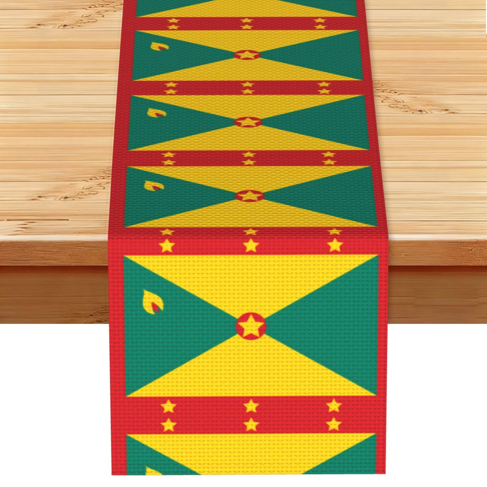 Flag of Grenada Linen Look Table Runner 13x72-Wrinkle Resistant Farmhouse Style for Dining Table Decor