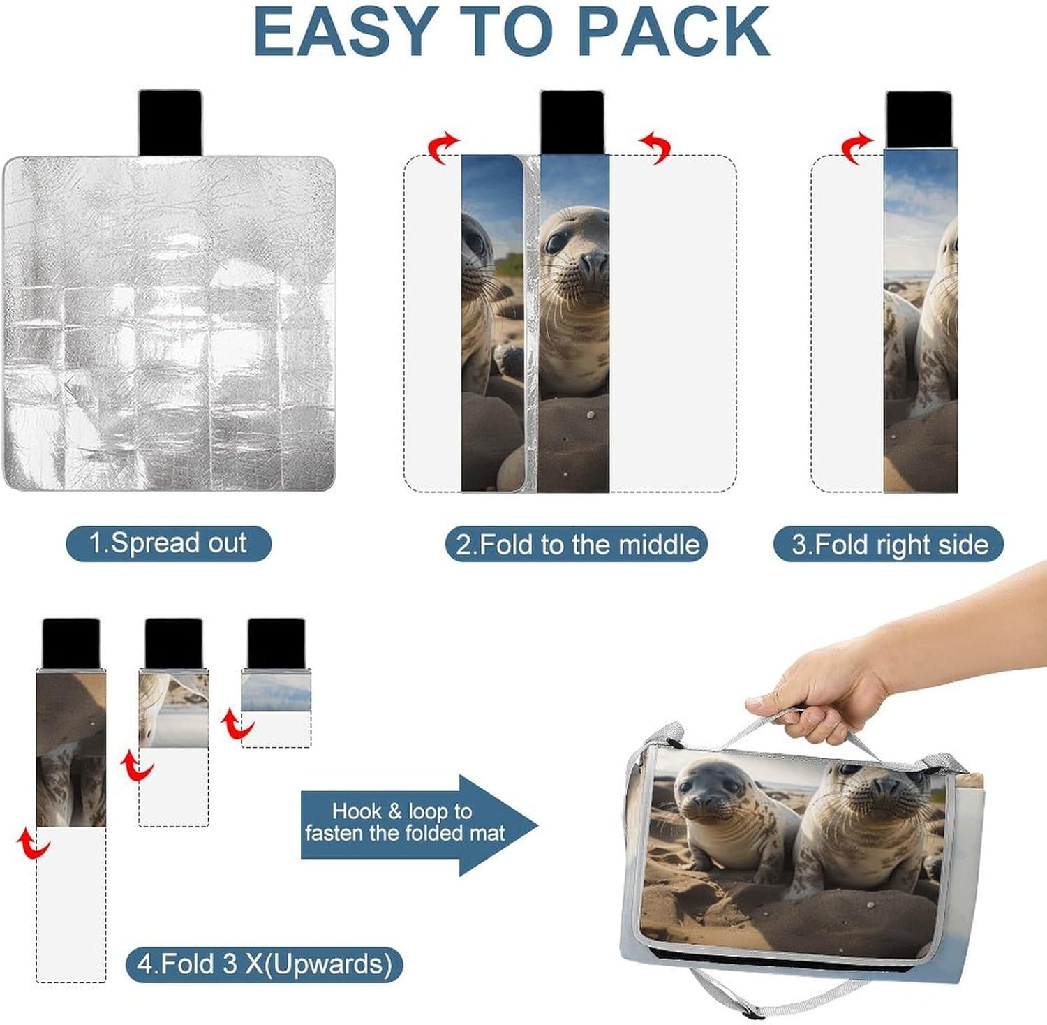 Seal on The Beach Outdoor Mat Foldable ，Beach Blanket Waterproof Surface，Easy to Clean Travel Blanket， for Spring and Summer Grassland Camping