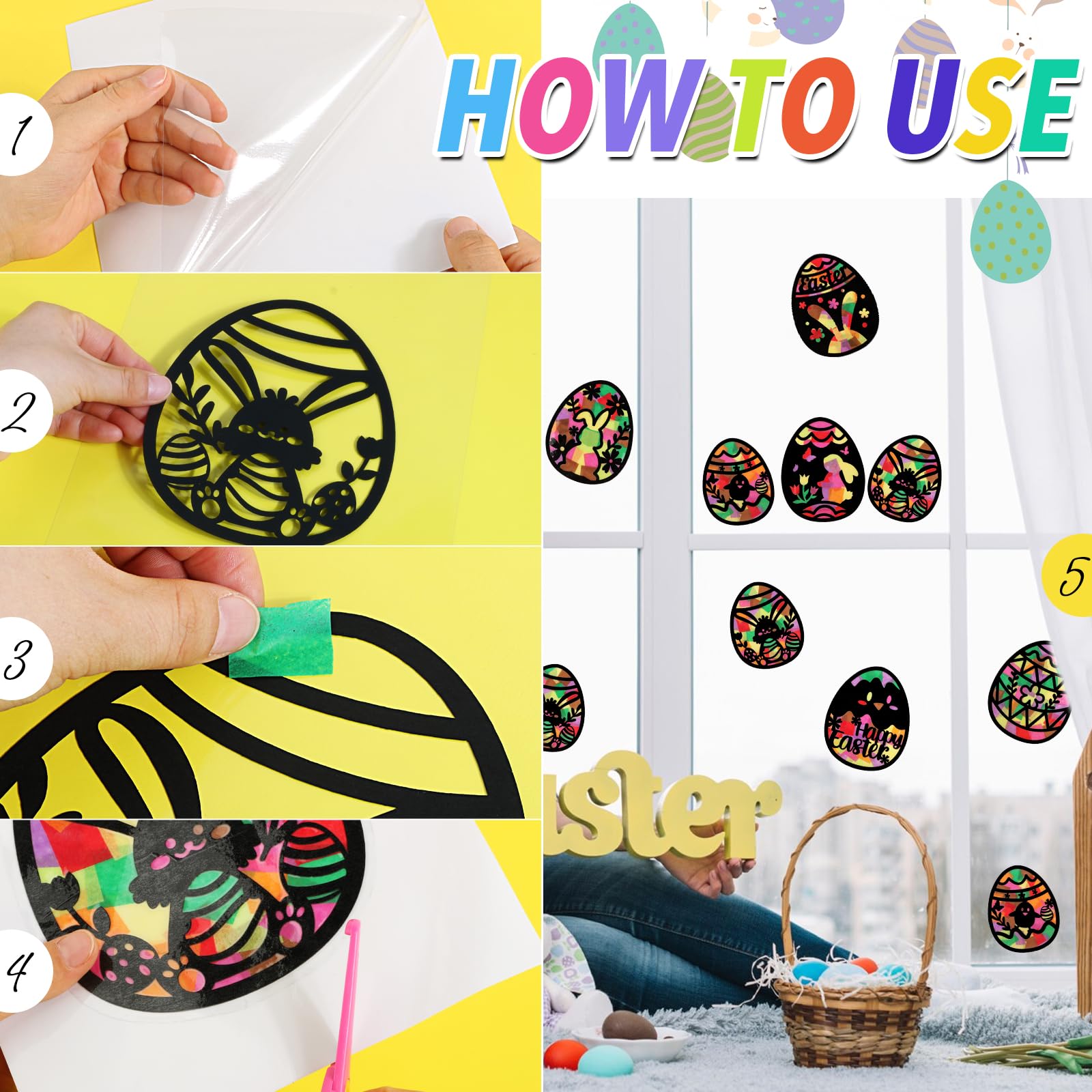 BOOMTOP 14pcs Manualidad Pegatina Ventana Pascua Conejo Huevo, Manualidad Niños de Ventana de Easter, Juego DIY Niño Pegatina Ventana Pascua de Conejo, Conjunto Decoración Ventana Pascua