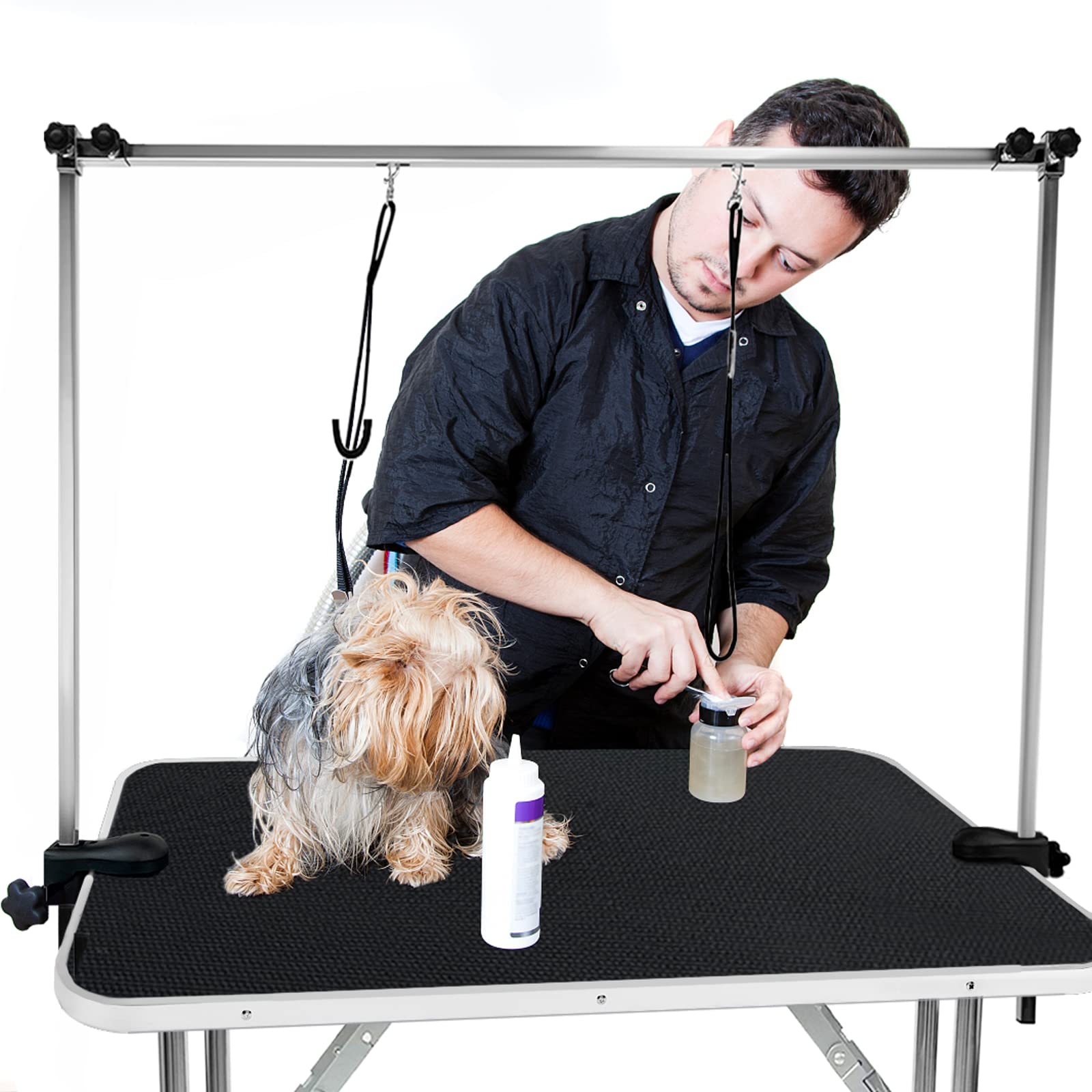 HENGMEI Mesa de Recorte Para Perros, Mesa de Peluquería Canina para Mascotas, Mesa de Recorte Con Brazo de Altura Ajustable, 2 Lazo y Superficie de Goma Resistente a Los Arañazos, 113x60x76cm