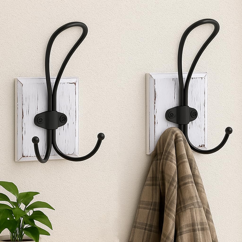Paquete de 2 ganchos de pared de madera de pino, perchero adhesivo o para toallas de baño, perchas decorativas rústicas para entrada para sombreros, llaves, bolsos, bolsos, color blanco