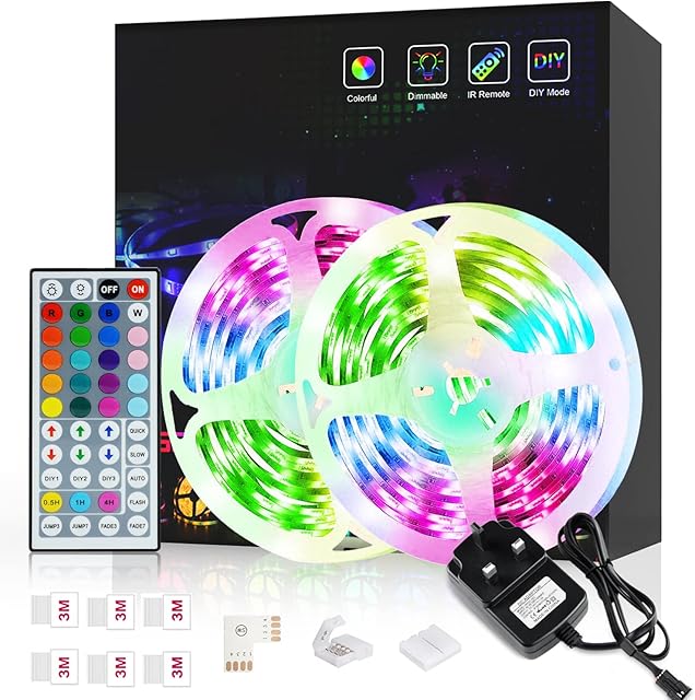 Romwish LED RGB Lights Strip 10m Kit, Flexible Colour Changing LED Strip Light 10m with Remote ,5050 RGB LED Lights with 44key IR Remote, 24V LED Lights for Bedroom, TV, Kitchen, Party