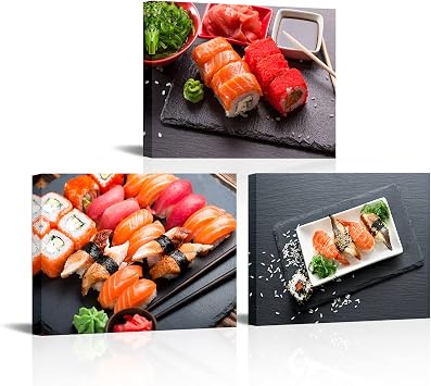 Derkymo 3 Pieces Kitchen Picture Wall Decor Sushi Pictures Print on Canvas Food Painting for Kitchen Dining Room Framed Ready to Hang 12"x16"x3pcs