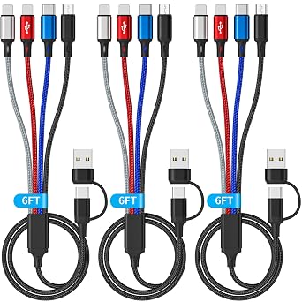 Multiple Charging Cable 3Pack 6FT 6 in 1 Universal Charger Cable, Braided Multi Chargers Cord for All Devices with USB A/C to 2*Lighting/Typc C/Micro USB Port for iPhone 17/16/15/Android Phone