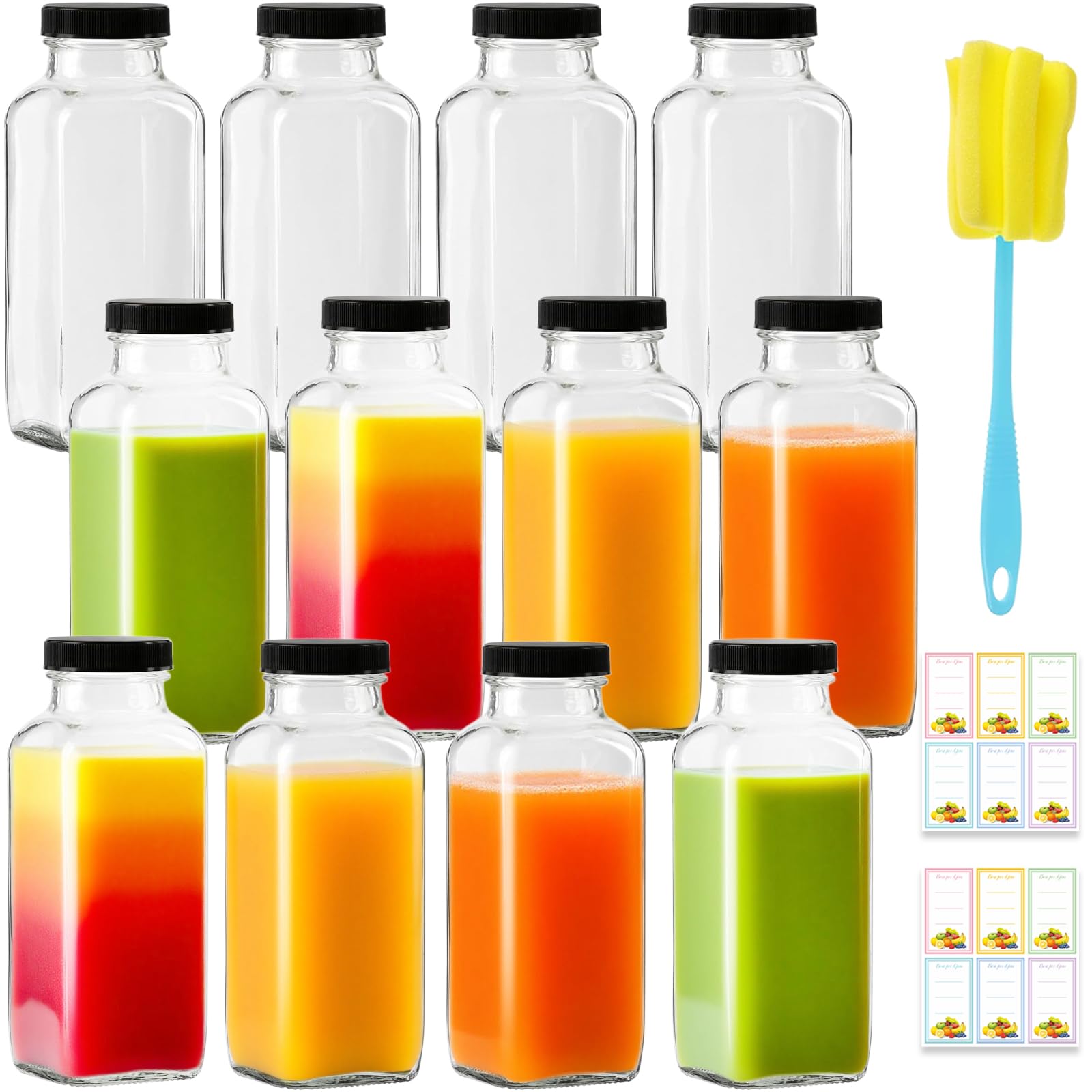 Dayify 12 Pack 12oz Glass Drink Bottles with Lids, 360ml Vintage Glass Water Bottles with Caps, Reusable Juice Containers Drinking Jars for Juicing,