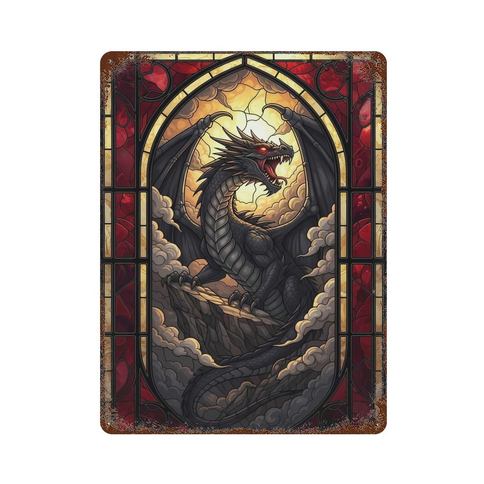 Aged Metal Wall Plaque with Stained Glass Dragon Design 15.7"x11.8", for Basement, Hobby Room And Garage Decor, Farmhouse Wall Decor