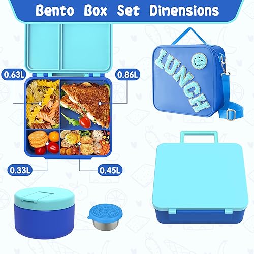 Miniatura 4 de Lonchera Bento para niños con termo de sopa de 8 onzas, recipientes de comida a prueba de fugas para niños con 4 compartimentos, tarro de comida