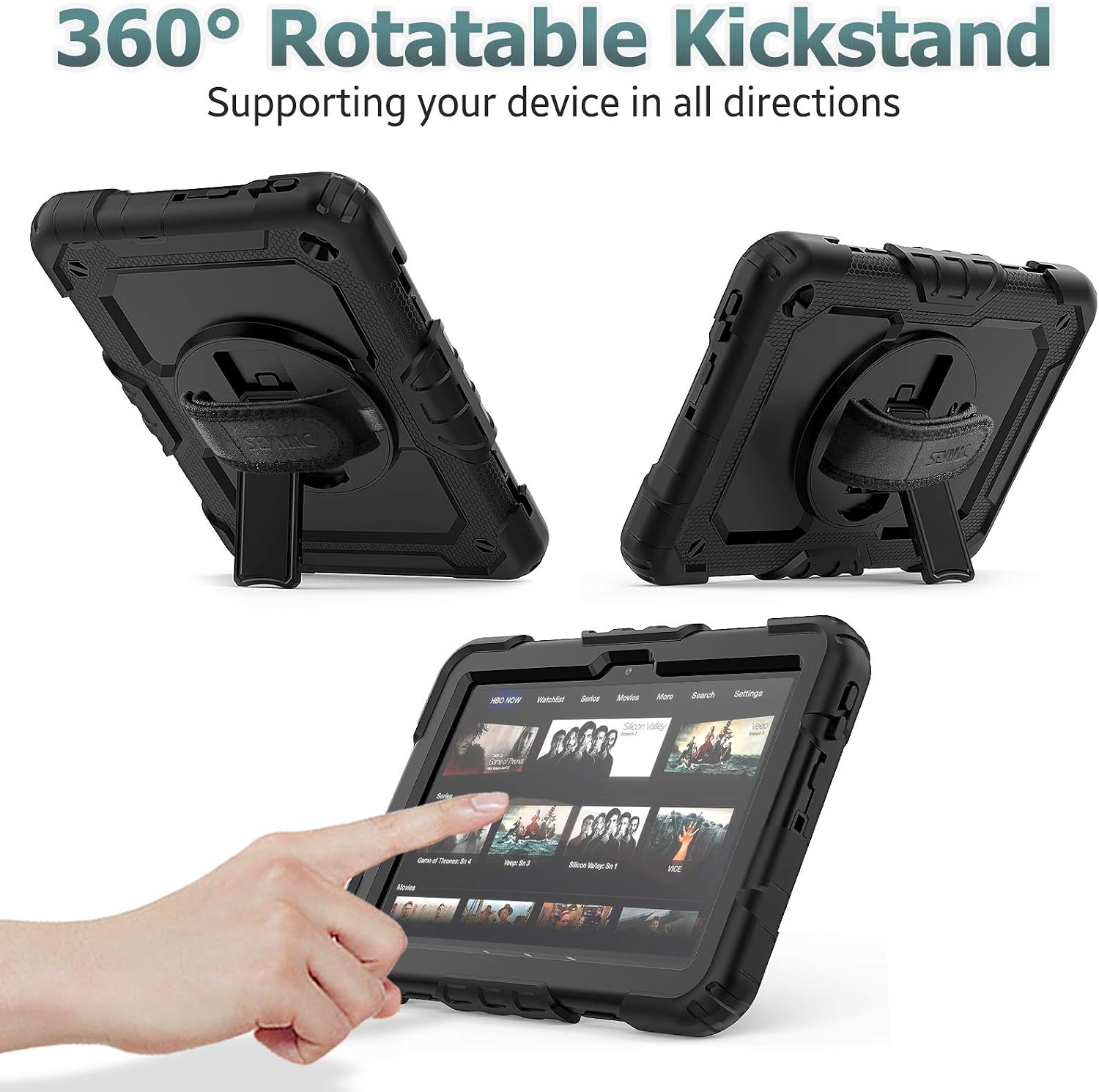 SEYMAC stock Case for Fire HD 8/8Plus (10th Generation 2020), Shock-Proof Case with [360 Degree Rotating Stand] Hand Strap[Pen Holder][Screen Protector] for Fire HD 8/8 Plus 10th 2020 (Black)