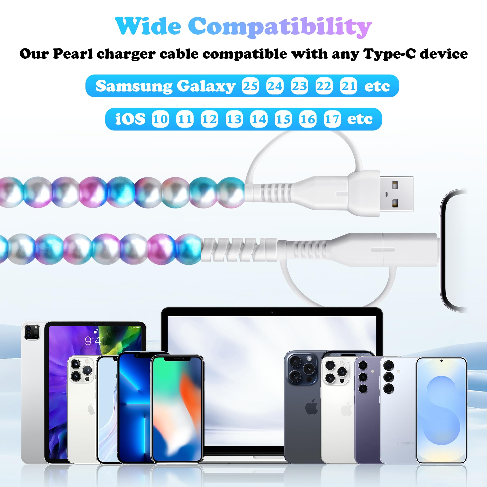 USB-C-Ladekabel, Perlen-Ladekabel, 4-in-1, MFi-zertifiziert, 1,8 m, Schnellladekabel, niedliche Perlenapplikation für iPhone 17, 16, 15, 14, 13, 12, 11 Pro Max, für Galaxy S25, S24, S23, S22