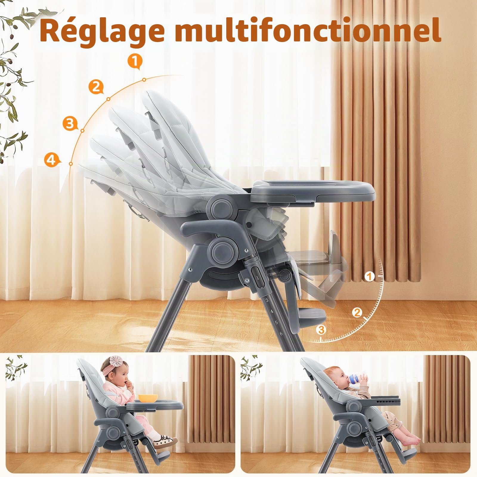 Ezebaby Chaise Haute Bébé Evolutive Chaise enfant 6 Réglable en Hauteur, Pliable, avec Roues Intégrées et Harnais de Sécurité à 5 Points Idéale pour Manger et Jouer (Gris)
