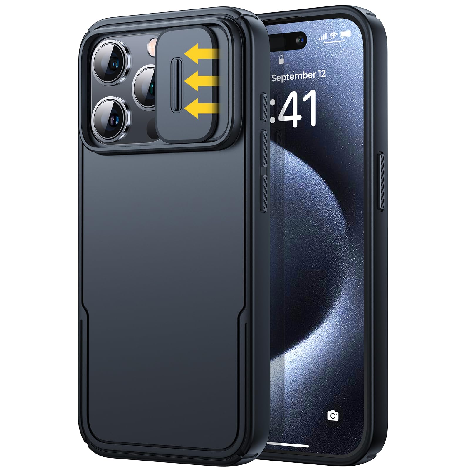 Humixx Compatible with iPhone 15 Pro Case with [Magnetic Camera Cover] [14FT Drop Protection] Snug Touch Slim Protective Hard Back and Shockproof Bumper Case for iPhone 15 Pro Phone Case 6.1"-Black