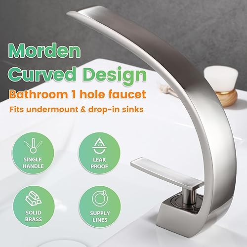 Miniatura 2 de Grifo de lavabo de baño moderno de un solo orificio de 1 manija, grifos de latón macizo de níquel cepillado, grifo mezclador de montaje curvado para