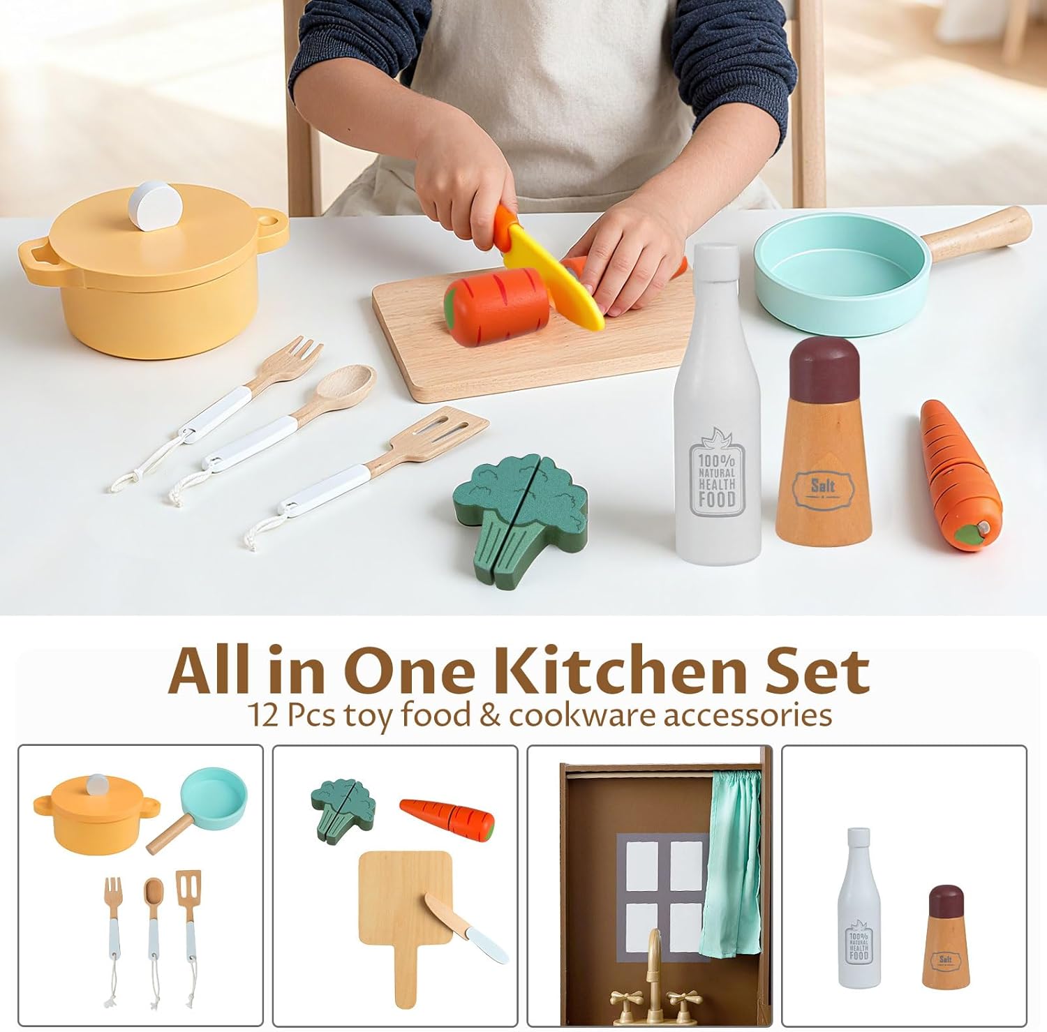 INFANS Corner Kids Kitchen Play Set, Toddler Wooden Pretend Toy Cooking Set with Range Hood Dishwasher Trash Bin Light Sound Stove Storage Cabinet, Realistic Play Kitchen Gift for Boys Girls