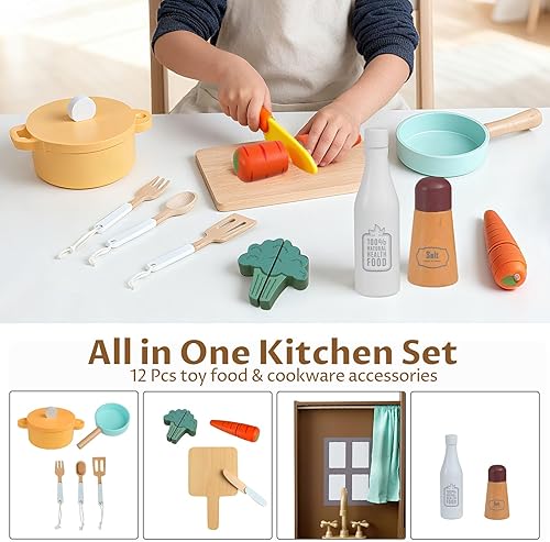 Miniatura 7 de INFANS Juego de cocina esquinera para niños, juego de cocina de madera con campana extractora, contenedor de basura, gabinete de almacenamiento de