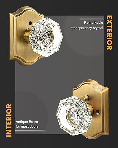 Miniatura 2 de Gobrico Cerraduras de puerta interiores en latón antiguo, pomos octogonales de cristal para camabaño, manijas de puerta con función de privacidad,