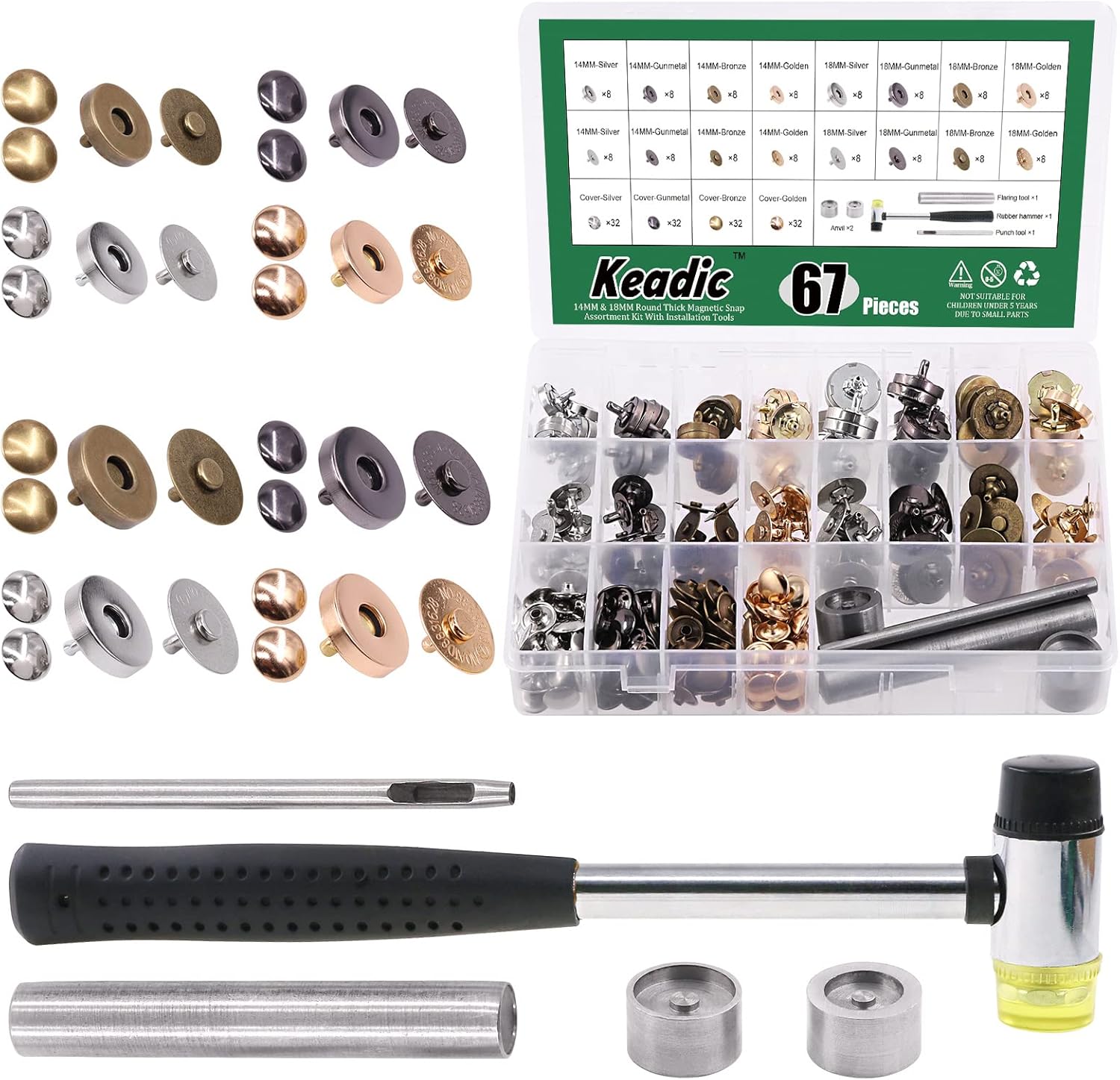 Keadic 69 Sets 14/18mm Bag Clasps Button Snaps Color Assortment Kit with Install Tool, Silver/Gun Metal/Bronze/Gold/Silver Sewing Knitting Buttons for Handbag Purses Bags Wallet Clothes Leather