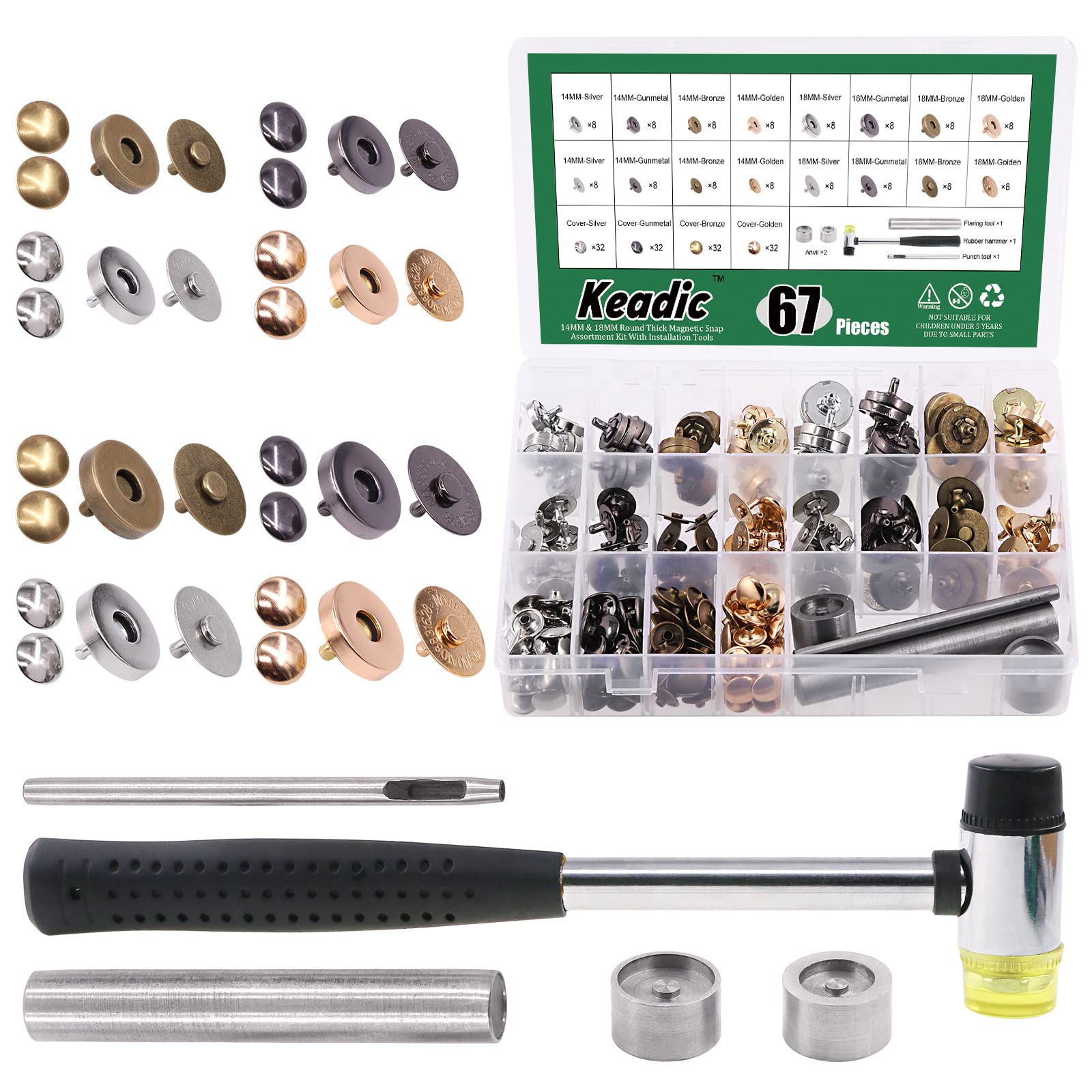 Keadic 69 Sets 14/18mm Bolsa Cerraduras Botón Snaps Color Kit con herramienta de instalación, plata/pistola Metal/bronce/oro/plata coser botones de punto para bolsos bolsos cartera ropa cuero