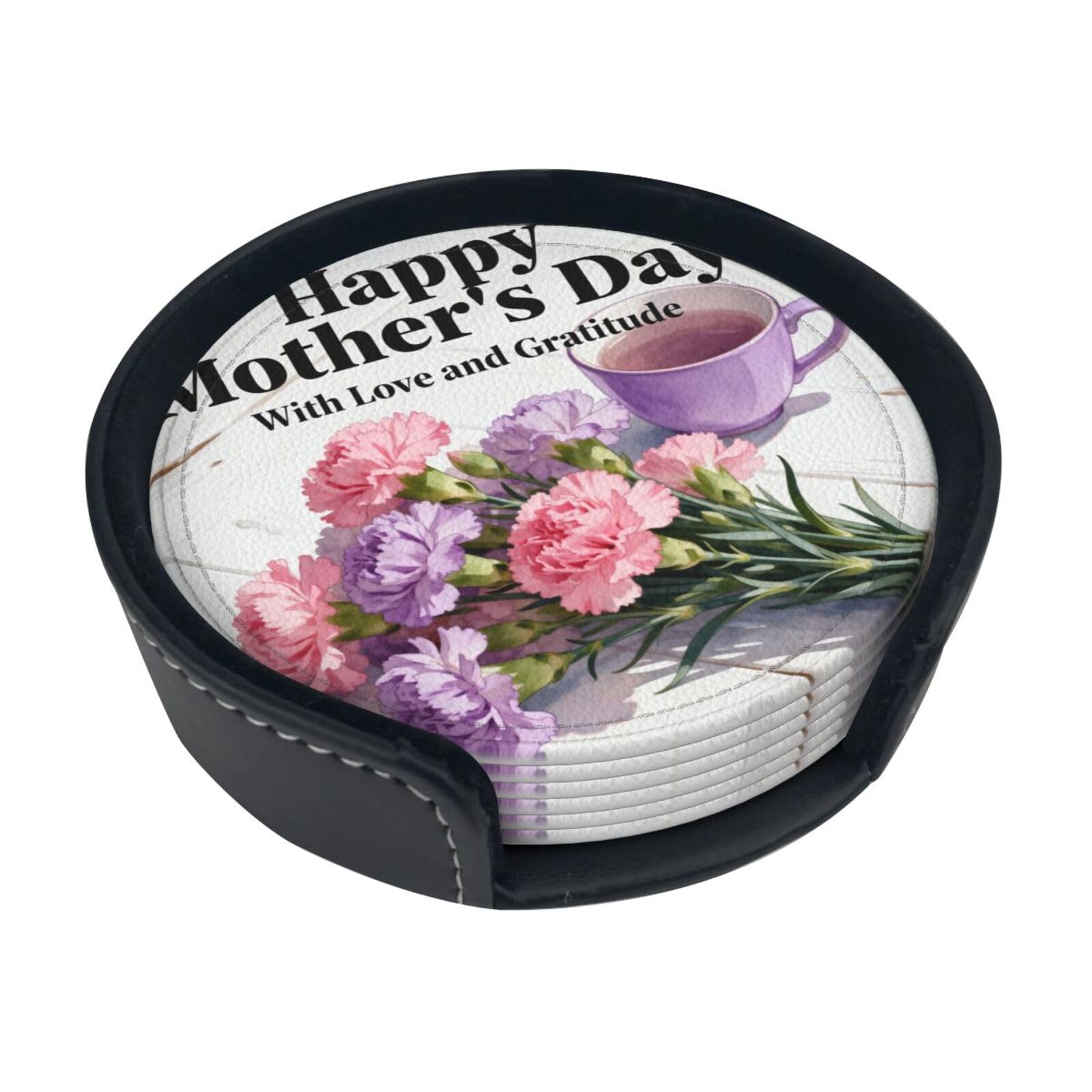 Cntdbu White Mothers Day Bouquet Leather Coasters Set Of 6-Pu Leather Drink Mats For Table, Heat Resistant Round Coasters With Holder