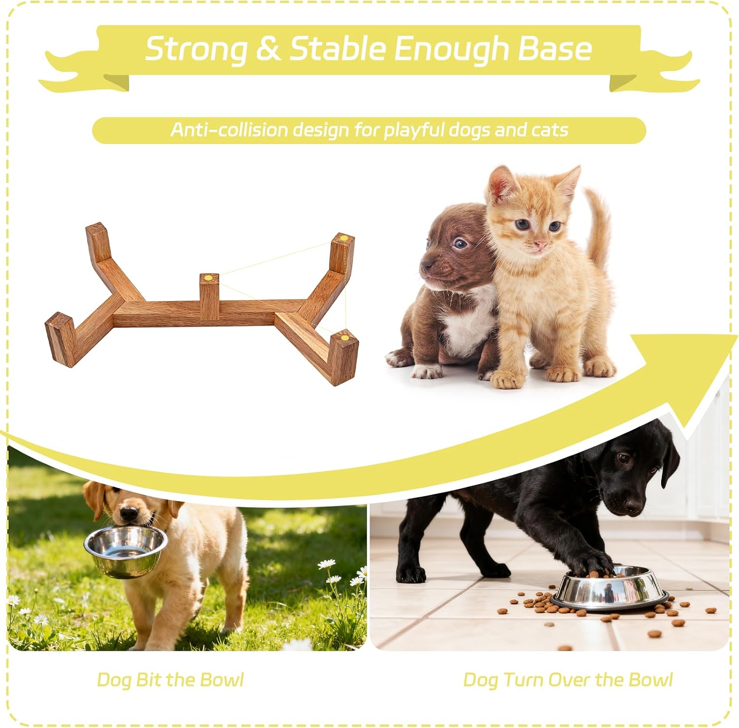 28.74 OZ Elevated Ceramic Dog Bowl Set with Acacia Wood Stand - 3.6 Cup Cat Food Bowl Raised Pet Dish Modern Indoor Water Basic Bowls for Puppies - 850 ML (Double Bowl with Stand - White)