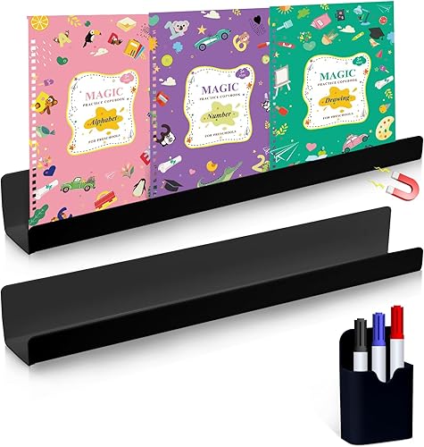 YAMMI Paquete de 2 estantes magnéticos para pizarra blanca, estante magnético para organizar libros en pizarras blancas, incluye 1 estuche magnético