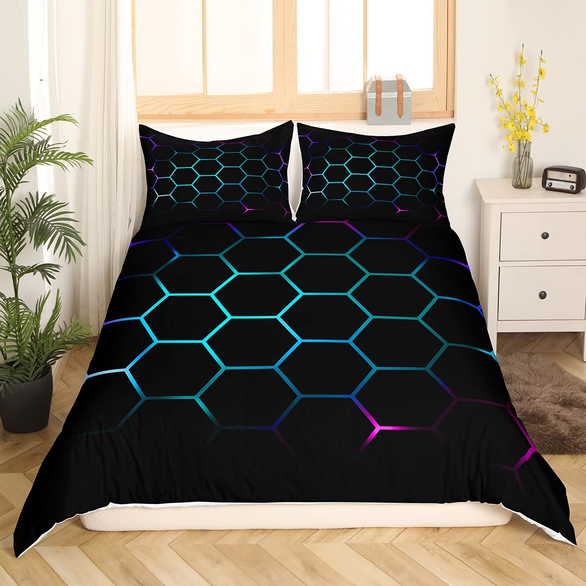 Loussiesd 132115, Juego de funda de edredón infantil con diseño geométrico de panal 3D, estampado hexagonal, morado, azul, verde azulado y negro, 2 piezas, tamaño individual, multicolor