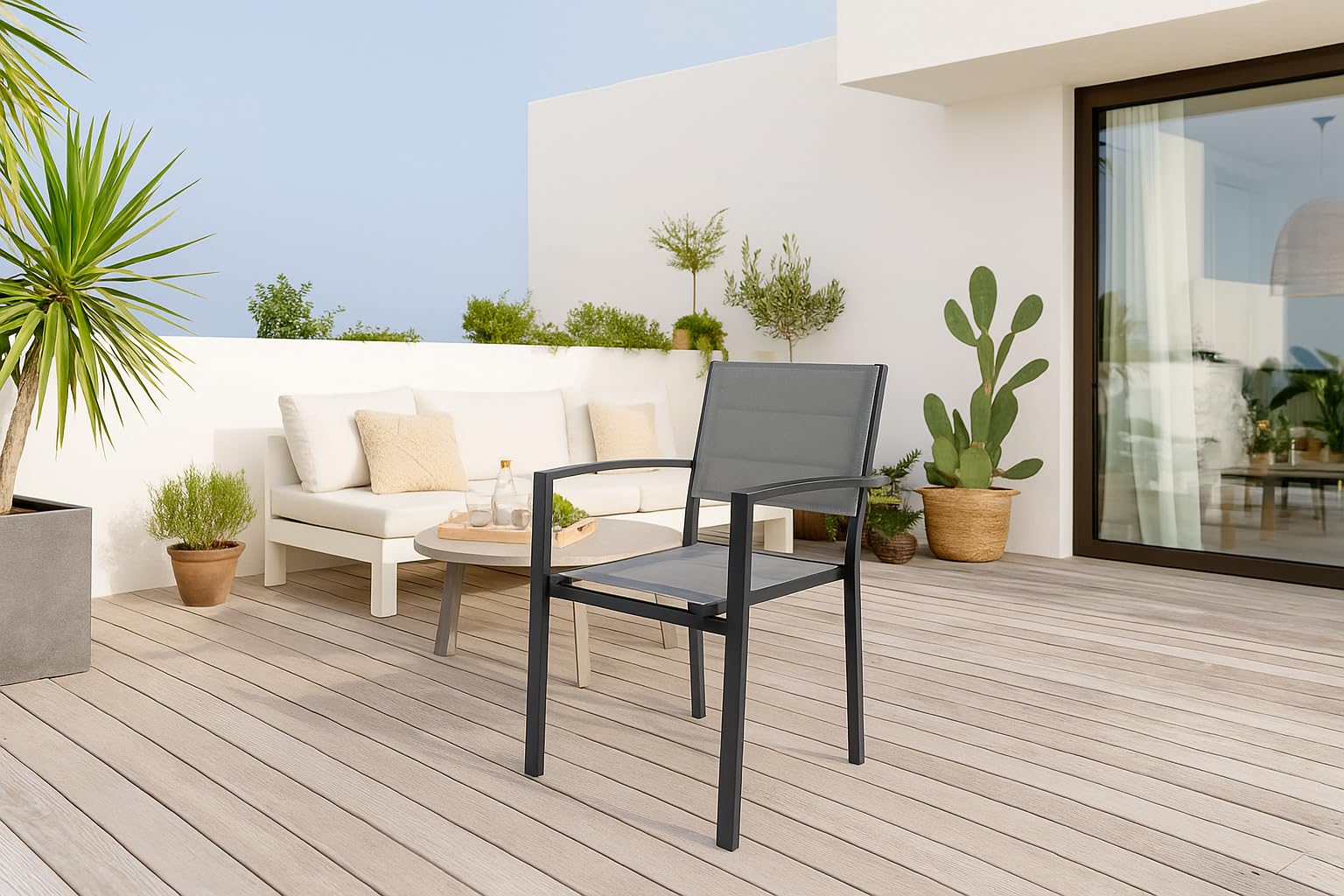 MOMMA HOME Pack 4 Sillas Terraza Exterior - Jardin Asiento y Respaldo Acolchadas con Reposabrazos, Material Textiline y Aluminio, Color Gris, Medidas 87,5 x 56,5 x 57,5 cm