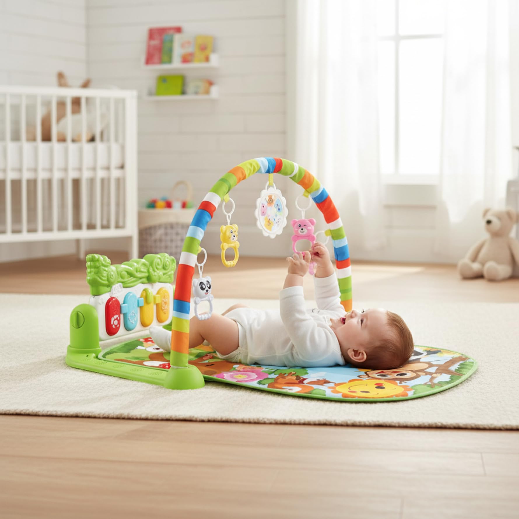 Tapete para jugar boca abajo para bebé y tapete para piano para bebé, actividad temática verde con teclas de piano de delfines para bebés de 0 a 12 meses