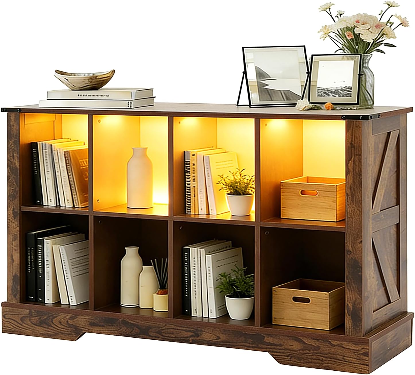 8 Cube Storage Organizer, 2 Tier Book Shelf with Led Lights, Farmhouse Book Shelves for Living Room, Horizontal Toy Storage Bookshelf, Wood Display Bookcase Cabinet for Bedroom, Office, Brown