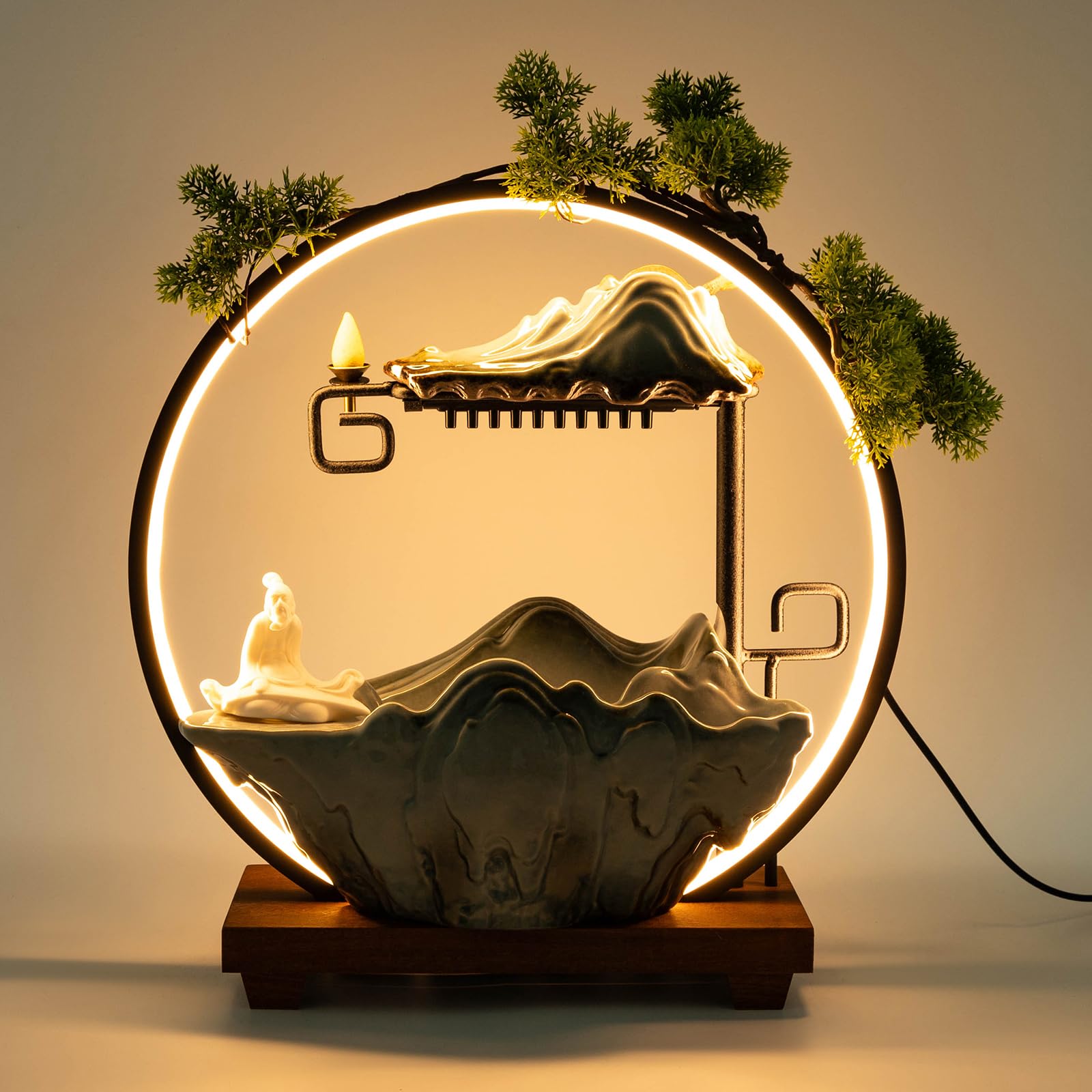 Tabletop Fountain with Light Atomizer,Waterfall Zen Meditation Desktop Rockery Water Fountain Bonsai Retro Backflow Incense Burner Home Decor for Home Office, 13.8 * 5.12 * 14.57in, Style B