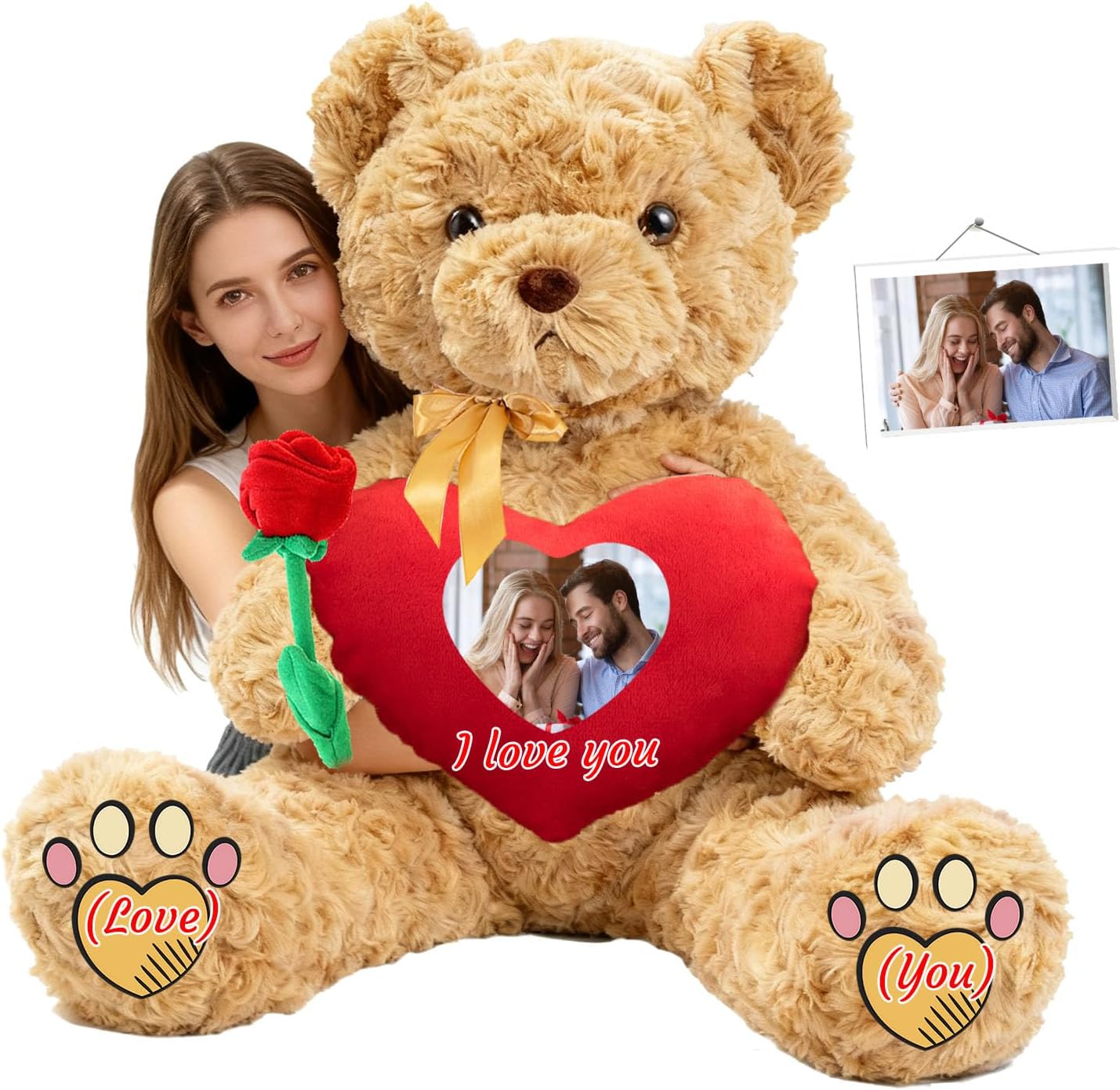 Custom Giant Teddy Bear with Heart 1.7 Ft to 4 Ft, Personalized Big Teddy Bear Valentines Day 20 inch to 48 inch as Personalized Gifts Huge Bears Stuffed Animal for Birthday Anniversary