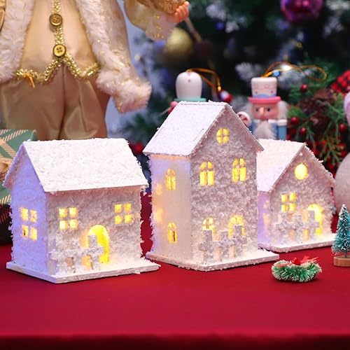 Miniatura 7 de TOYANDONA 3 casas de madera iluminadas por LED para decoración de mesa de Navidad
