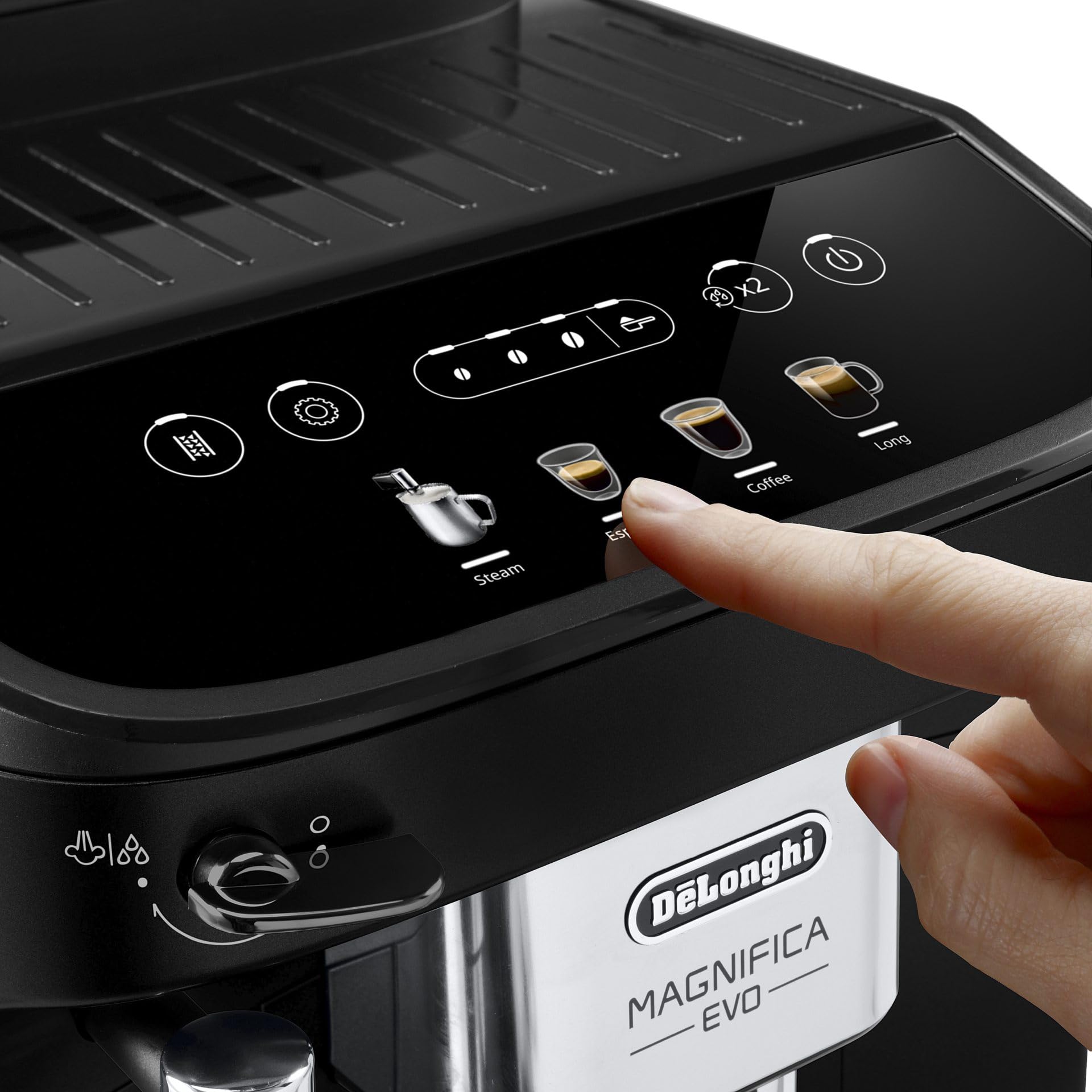 De'Longhi Magnifica EVO ECAM290.21.B, Máquina de Café Automática con Espumador de Leche, Tamaño Compacto, Máquina de Café en Grano, Espumado Manual de Leche, 4 Recetas, Pantalla Táctil a Color, Negra