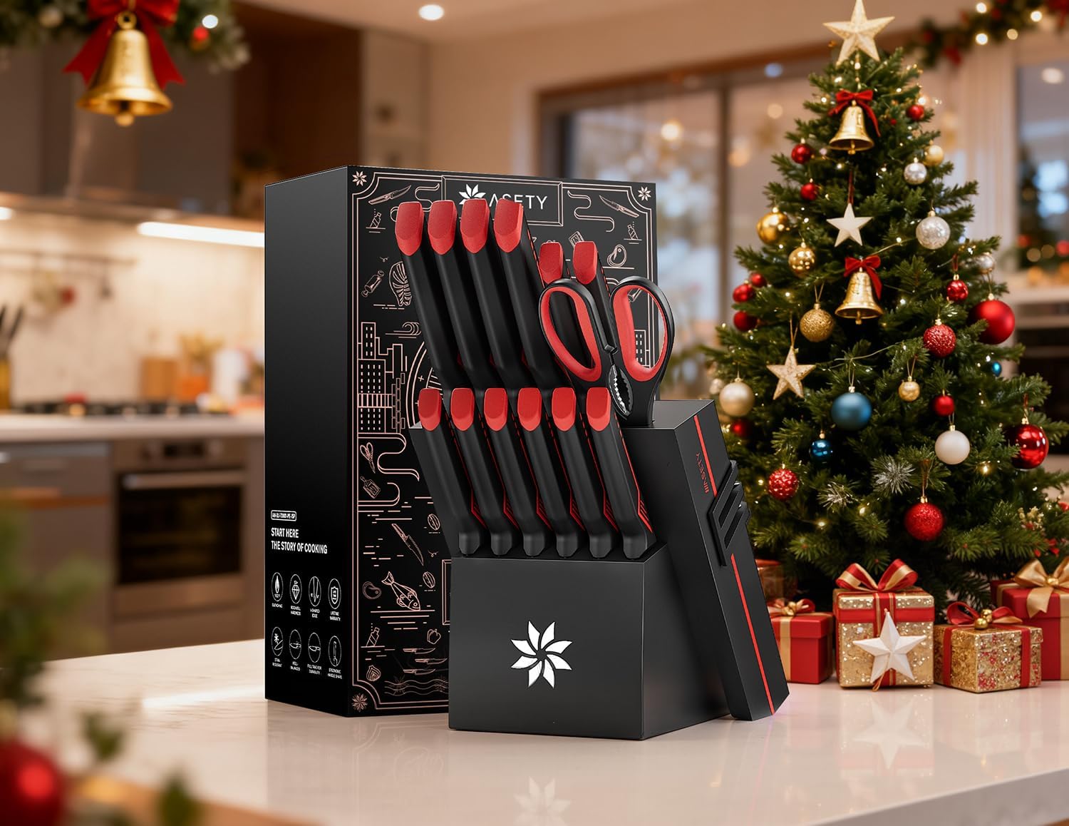 Knife Set - 15 PCS Kitchen Knife Set with Built-in Knife Sharpener Block - Stainless Steel Knife Block Set - Dishwasher Safe, Elegant Box for Men Women, Red