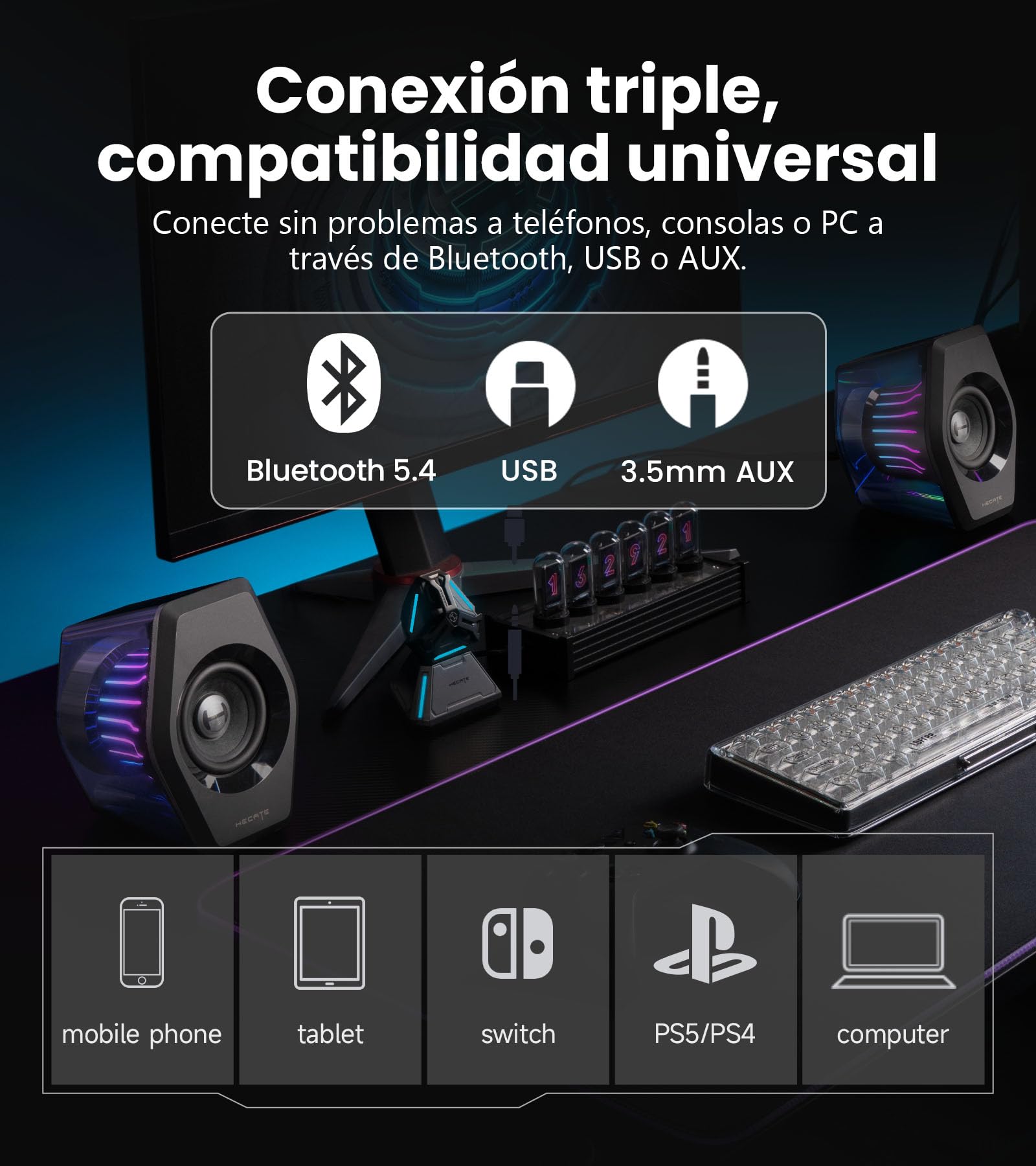 Edifier G2000 Pro 2.0 Altavoz RGB para Juegos, Potencia máxima 64W, sincronización de luz Tempoflow ™ 270 Grados, Sonido Envolvente Virtual 7.1-Bluetooth 5.4 / USB-C/AUX, Adecuado para PC (Negro)