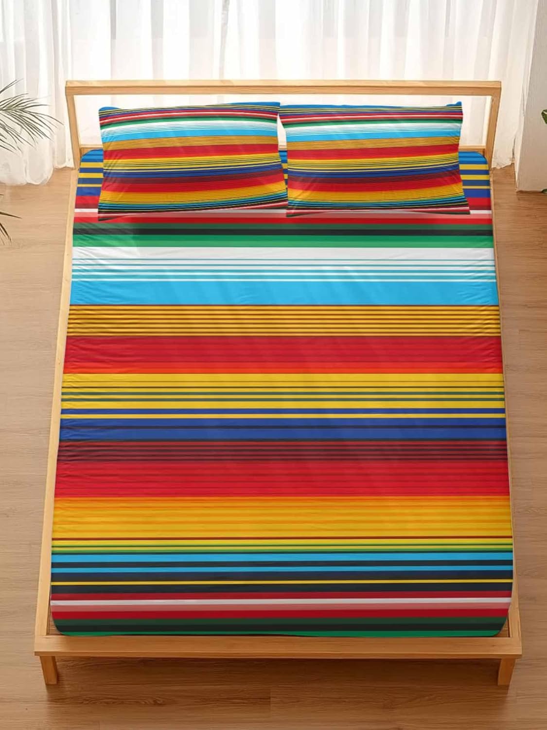 Queen Bed Fitted Sheets Mexican Colorful Stripe Bed Set with 16" Deep Pocket,Soft Microfiber Bedding Bottom Sheet with 2 Decorative Pillowcases