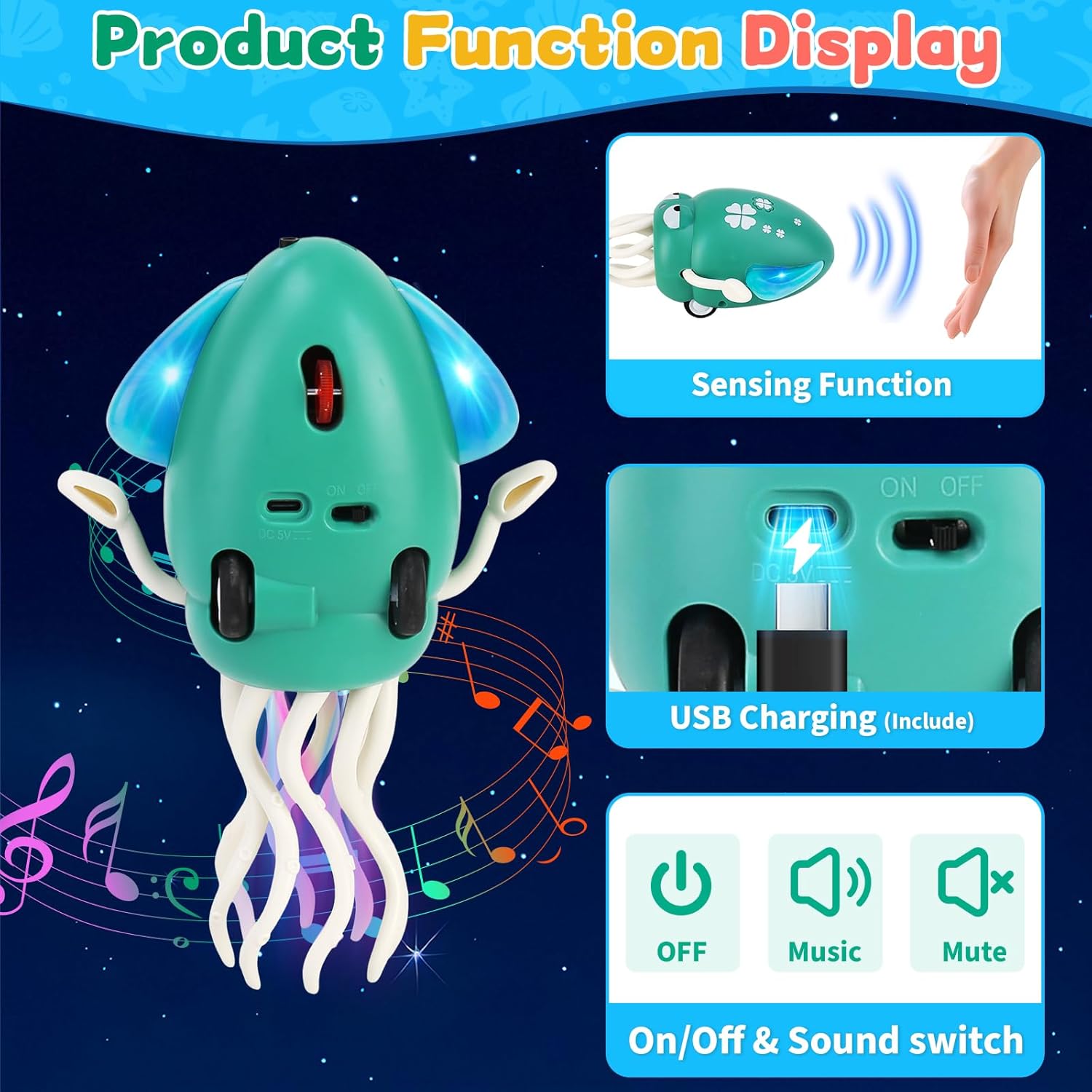 USB Rechargeable Dancing Octopus Baby Toy - Electric Crawling & Tummy Time Toy, Magical Musical Squid, Stress-Relief Desk Decor - Birthday for Kids Ages 1 2 3 4 5 6, Boys (Green) image 7 of 9 B0FBX321F1