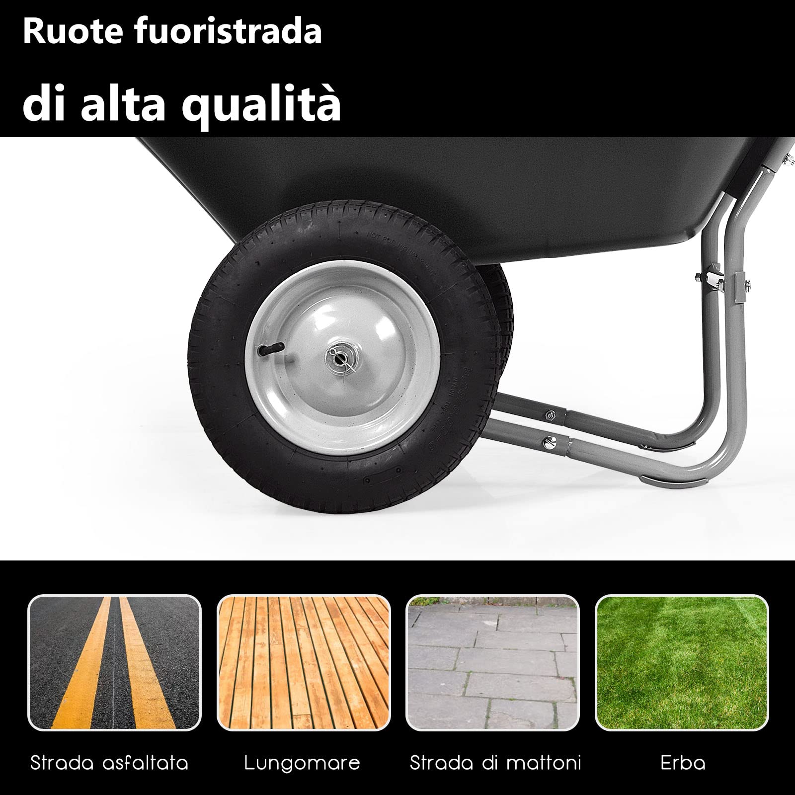 COSTWAY Carriola con 2 Ruote da Giardino, Carrello Resistente con Struttura in Acciaio Robusto, Ruote Pneumatiche 35,5 cm, Capacità 75L, Portata Max 100 kg (Nero)