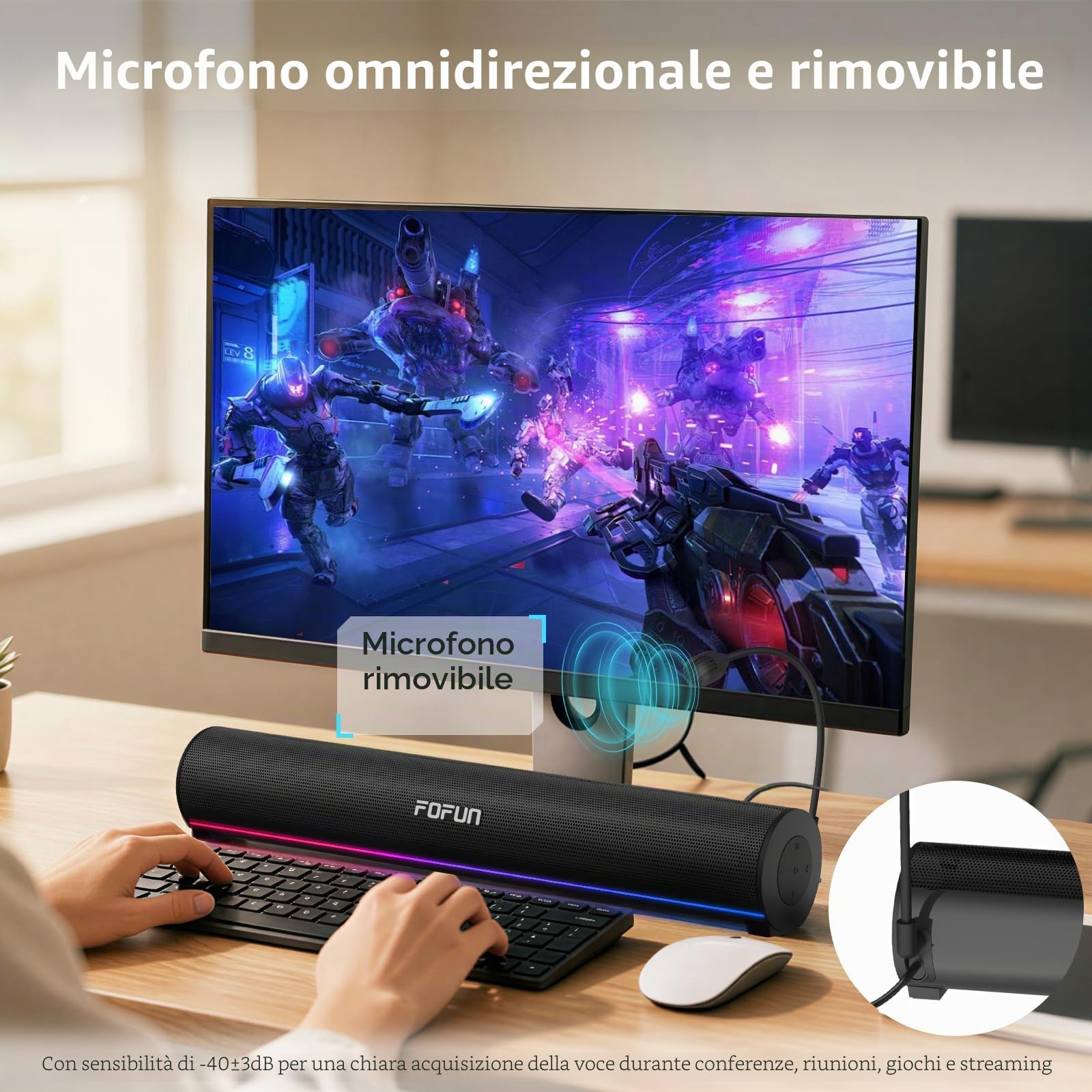 2 in 1 Gaming Soundbar con Microfono Staccabile,Casse per PC con Alimentazione USB, Bluetooth 6.0, Illuminazione LED RGB, 3 EQ Audio per PC Gaming,Laptop,TV,Smartphone