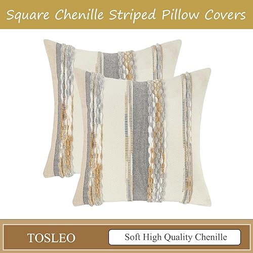 Miniatura 5 de Tosleo Fundas de Almohada Boho con Mechones 18x18 Juego de 2 Fundas de Almohada Decorativas a Rayas Fundas de Chenilla de Acento Funda de Cojín