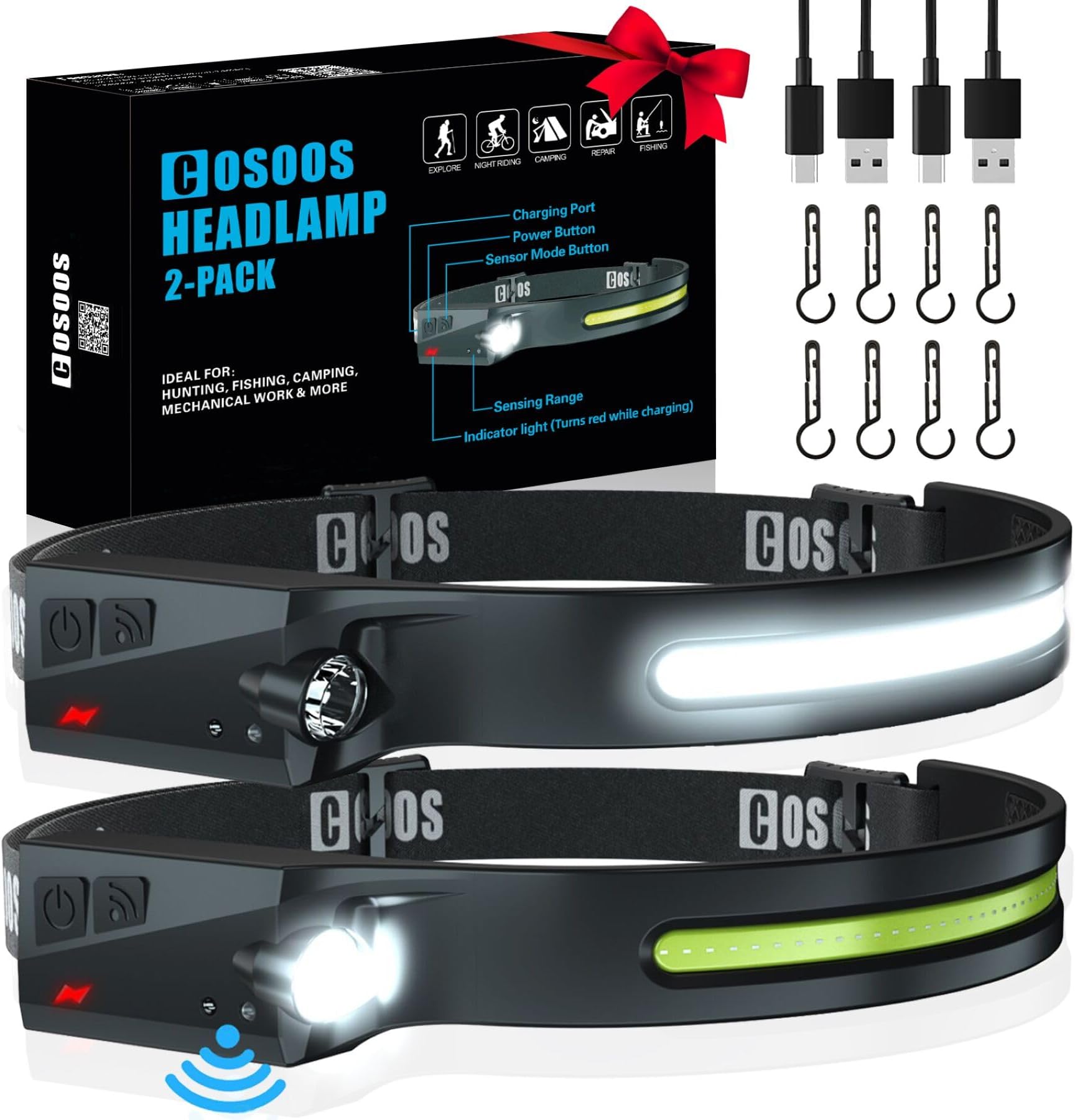 COSOOS Original 2 Rechargeable Headlamps, Bright LED Headlamp Flashlight 1000 Lumen, 230 ° Wide Beam & Spot Light, Motion Sensor, 2.4 oz Head Lamp with Clips for Hardhat, Camping, Hiking