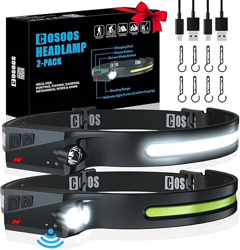 COSOOS 2 Linternas Frontales Recargables Originales, Linterna Frontal LED Brillante de 1000 Lúmenes, Haz Ancho de 230° y Luz Focal, Sensor de