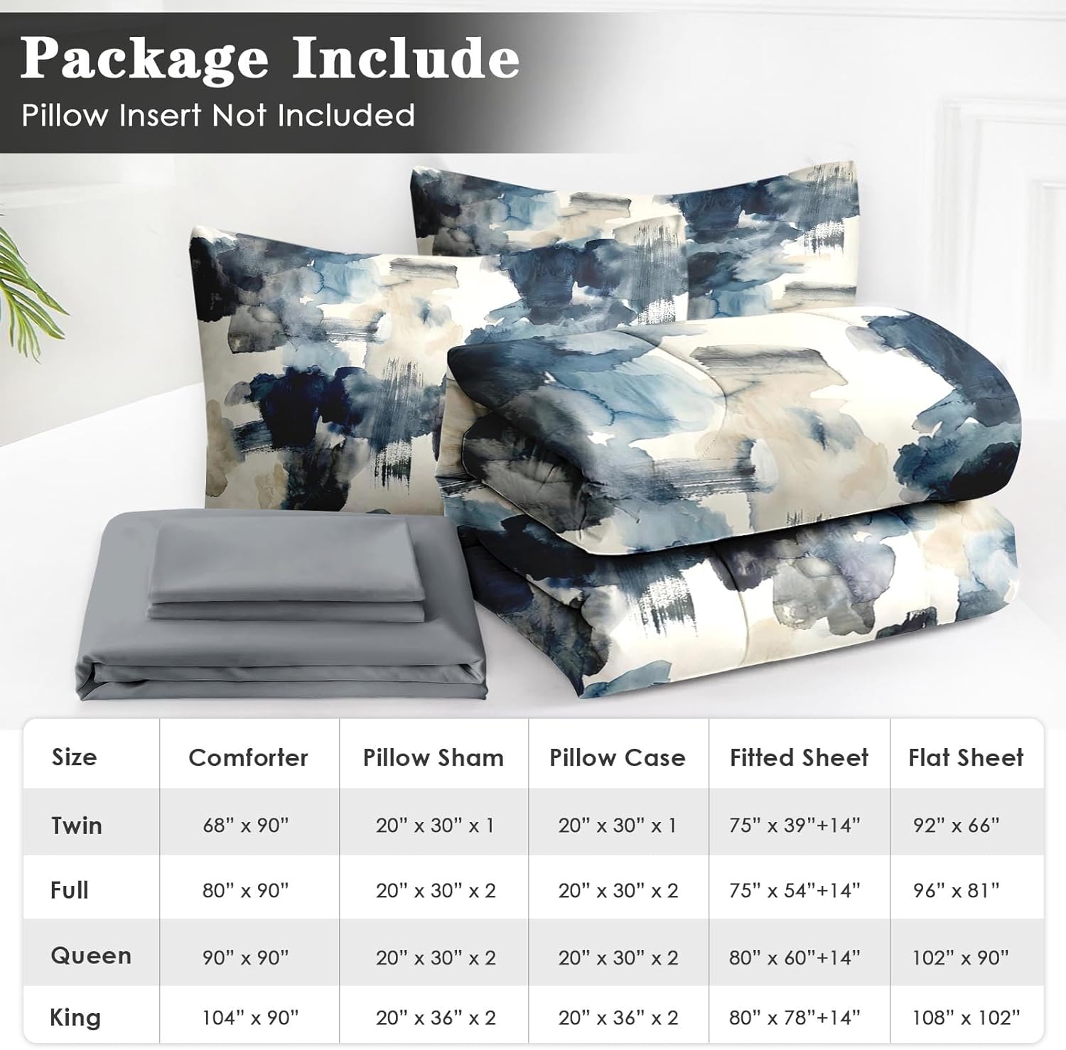 WeCozy King Size Comforter Set with 2 Pillowcases & 2 Shams, Abstract Blue Modern 7 Pcs Bedding Set for Kids and Adults, Navy Marble Bed in a Bag with Flat Sheet and Fitted Sheet